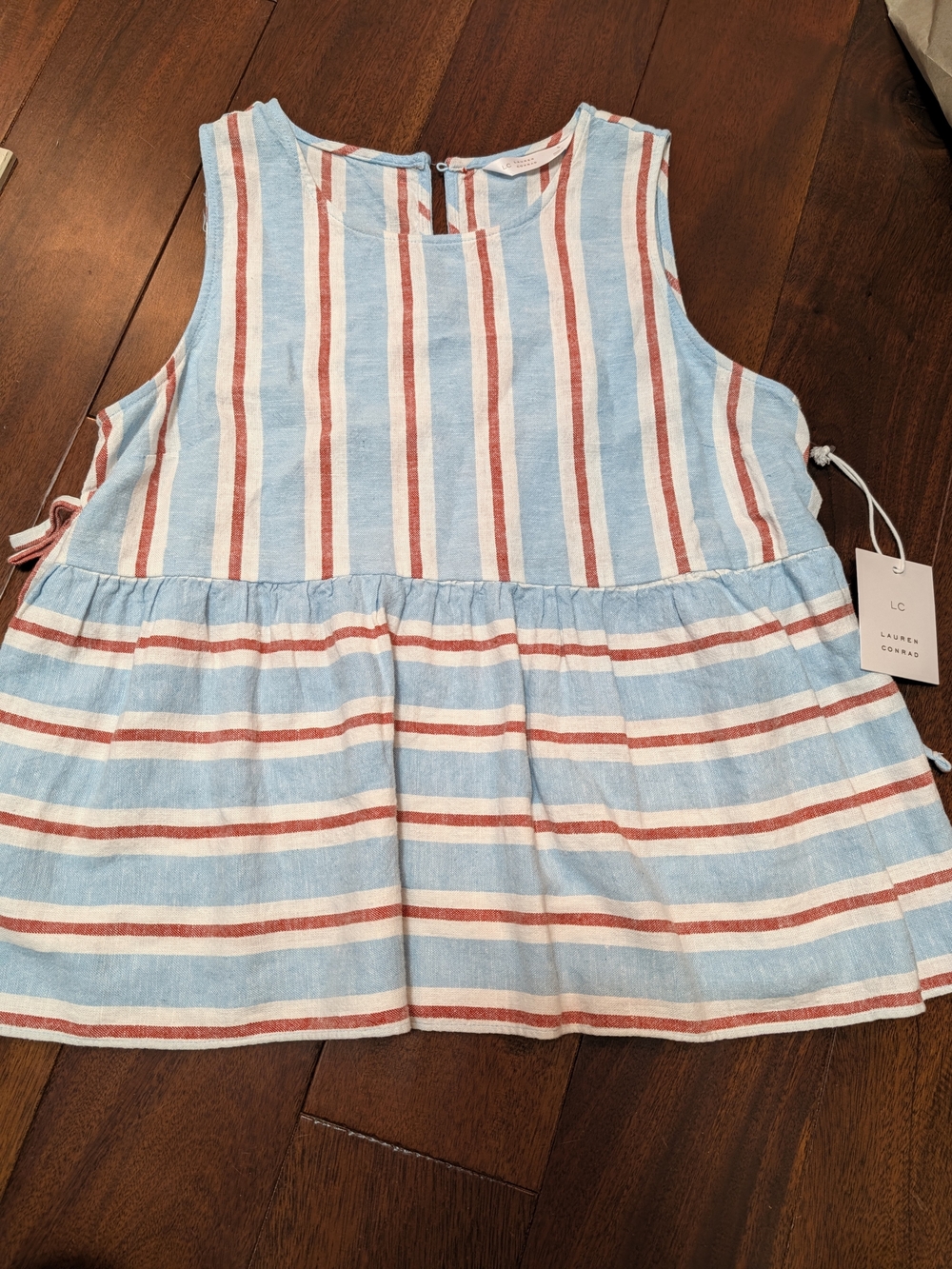 LC Lauren Conrad Light Blue, White & Red Sleeveless Striped Peplum Top Size Smal